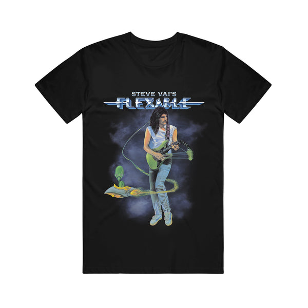 Image of a black tshirt against white background. there is a graphic of steve vai playing a green guitar. the neck of the guitar droops down. swirling around steve is an alien in a small ship. above this in blue and white text reads "steve vai's flexable".