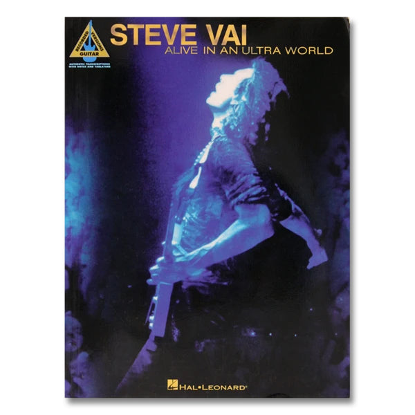 album artwork for the steve vai "alive in an ultra world" tab book. the artwork is a blue colored image of steve standing in a crowd of people, playing guitar. steve is shown from the side profile, looking to the left of the artwork. above steve in yellow text reads "steve vai, alive in an ultra world". below steve in the bottom center in gold text says Hal leonard.