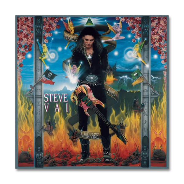 steve vai passion and warefare album artwork against white background. steve vai wears all black and is pictured from head to toe, looking down at a colorful marbled electric guitar. surrounding steve are graphics of fire, fairies, flowers, ship wheels, and pirate flags, all in various colors.  there is a green glowing triange above steve vai's head.