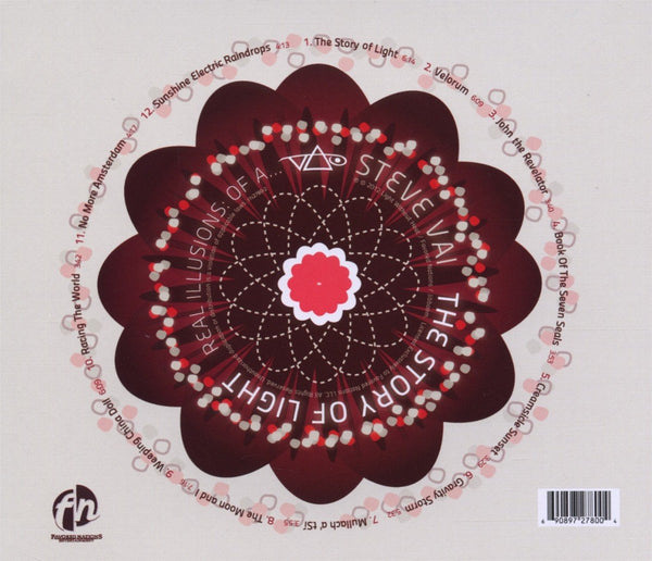 back of the steve vai "the story of light" album artwork. the back is an off white, and has a dark maroon flower in the center. the track listing is listed in a circle around this flower. the inside of the flower has littler flowers and abstract shapes in red, white, and gray. the inside of the flower also says "steve vai, the story of light" in white text.