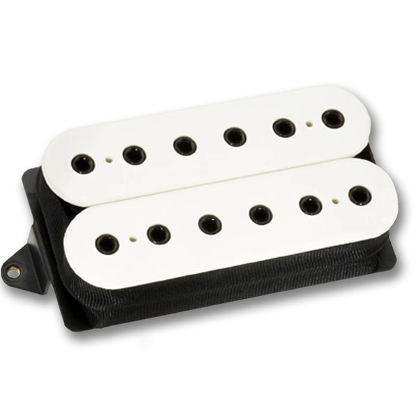 Image of a white and black guitar pickup against a white background. the pickup holes are black, there are 12 of them and they are across the center of the pickup.
