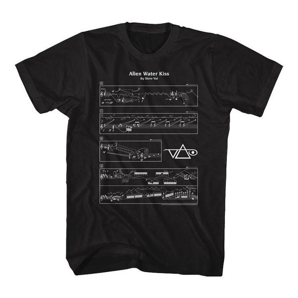 Black tshirt against white background. Across the chest in white text reads "alien water kiss by steve vai". there is a white outline of sheet music on the front of the shirt. There is also a white steve vai logo- the logo makes the word "vai" with an upside down triangle, a right side up one, and a line going across the triangles with a curl at the end next to the triangle that is upright. 