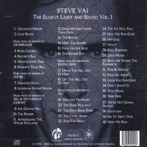 back of album artwork. across the top in white text reads "steve vai, the ellusive light and sound vol. 1". below this in white text is the tracklisting for the album. the background of the album artwork is a close up image of steve vai's face, looking directly into the camera. the back of the album cover is a dark blue/grey color.