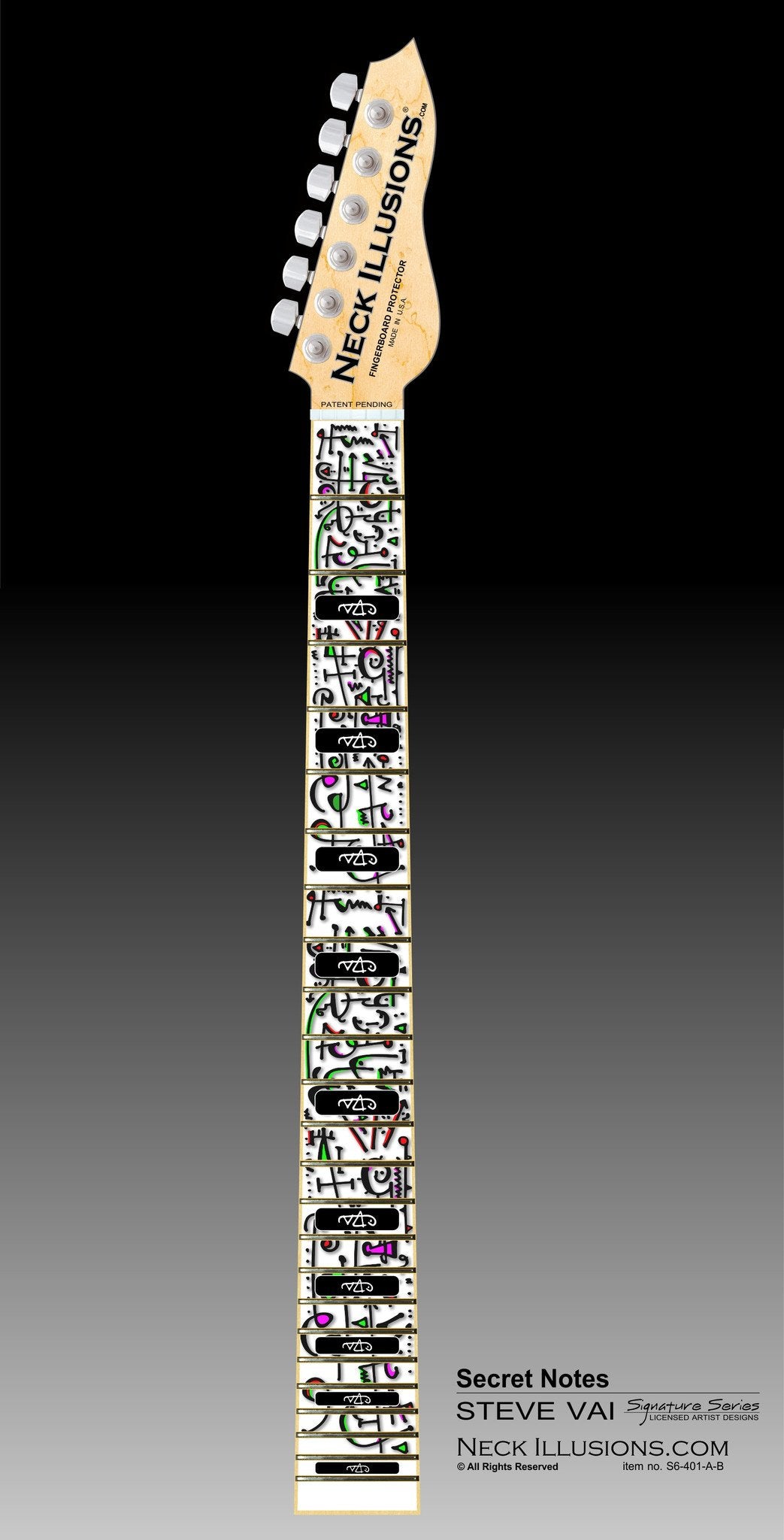 image of a guitar neck against a black to grey to white gradient white background. there is a fret protector on the guitar. it is white with pink/red, green, and black symbols all over it. some of the frets have a black rectangle with a white steve vai logo on it. The steve vai logo makes the word "vai" with an upside down triangle, a right side up one, and a line going across the triangles with a curl at the end next to the triangle that is upright. 