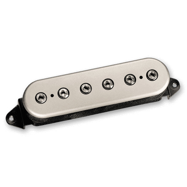 Image of a silver guitar pickup against a white background. the pickup has 6 holes in across the center of the pickup.
