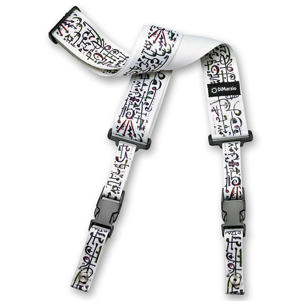Image of a clip lock guitar strap against white background. the guitar strap clips together with black clips and has a small black patch that says "DiMarzio". the strap is white with black music notes and symbols all over it.