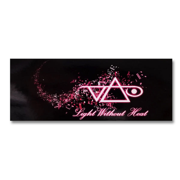 image of a black rectangular sticker against white background. the sticker is black and has a music note trail that is thin and get thicker as it goes across the length of the sticker. the music note trail is in red. there is a red steve vai logo, and below that in cursive reads "light without heat".  The steve vai logo makes the word "vai" with an upside down triangle, a right side up one, and a line going across the triangles with a curl at the end next to the triangle that is upright. 