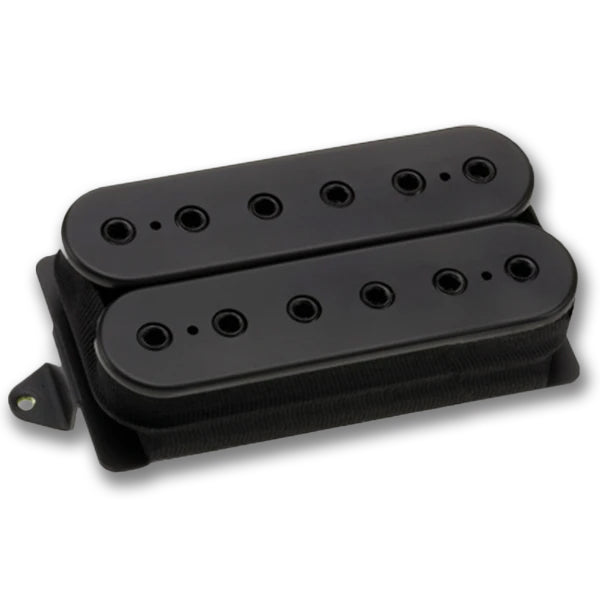 Image of an all black guitar pickup against white background. the pickup has 6 holes across the center of it.