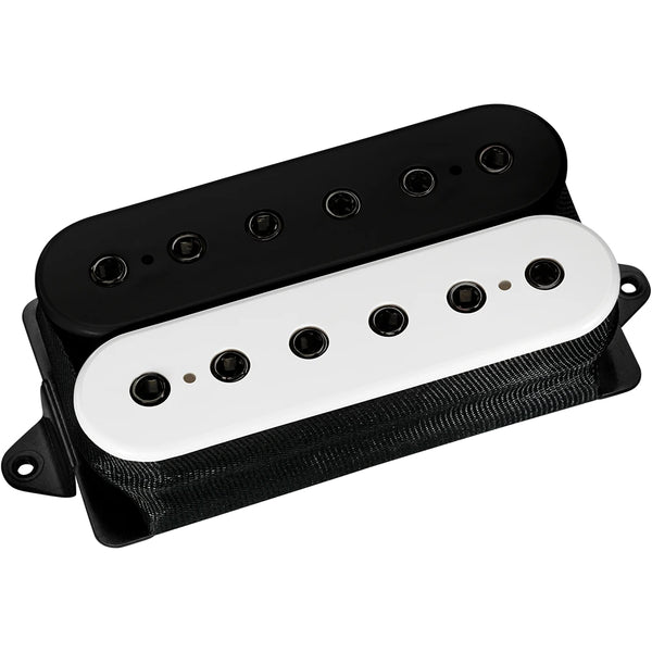 Image of a black and white guitar pickup against white background. It has 6 black holes in the center of the top of it.