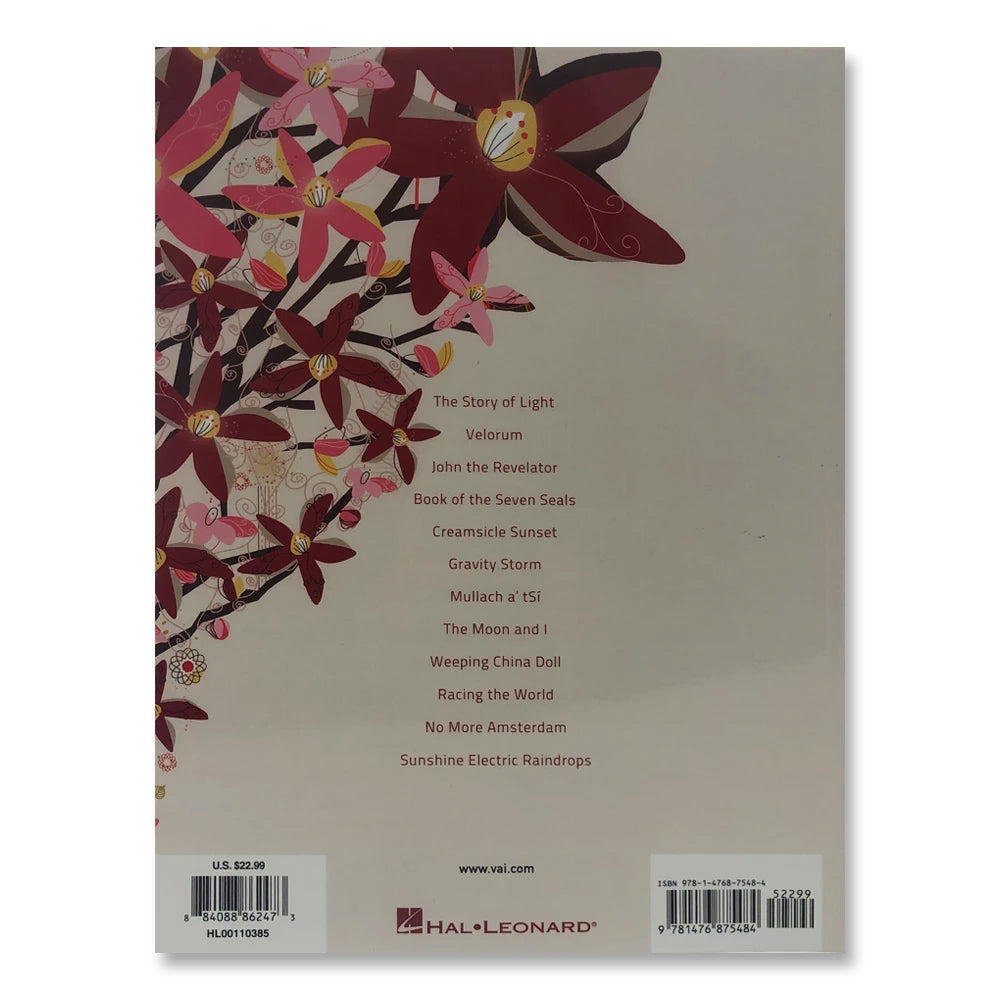 back of the story of light tab book. it is an off white/beige color with dark red and pink flowers on the left side of the book. below this in smaller red / maroon text is the tracklisting for the tab book.