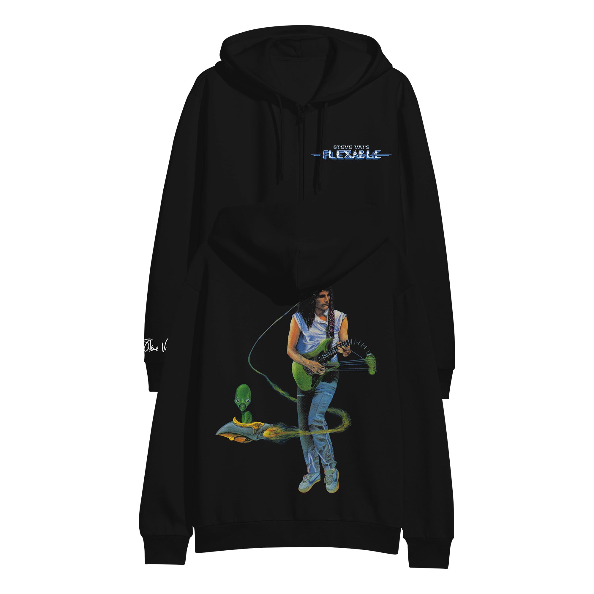 Front and back of black sweatshirt against white background. The left chest says steve vai's flexable in white and blue text. the right sleeve at the bottom in white has steve vai's signature printed on it. The back features a graphic of steve vai playing a green guitar. the neck of the guitar droops down. swirling around steve is an alien in a small ship.