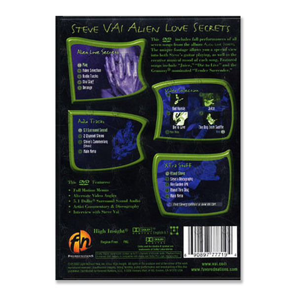 back of the steve vai alien love secrets dvd. this is in green and black. it has small text displaying info about the movie and the different chapters. there is a white and black barcode on the far right. across the top in green text reads "steve vai, alien love secrets".