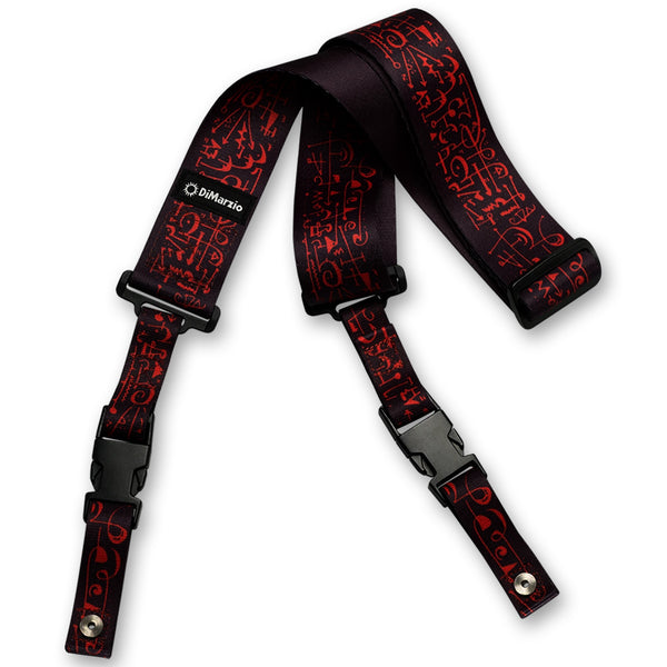 Image of a clip lock guitar strap against white background. the guitar strap clips together with black clips and has a small black patch that says "DiMarzio". the strap is black with red music notes and symbols all over it.