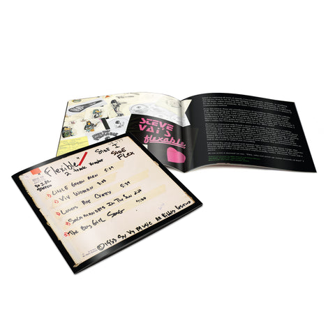 Image of the cd booklet included in steve vai's flexible album. There are hand written lyrics and text lyrics in the booklets. 