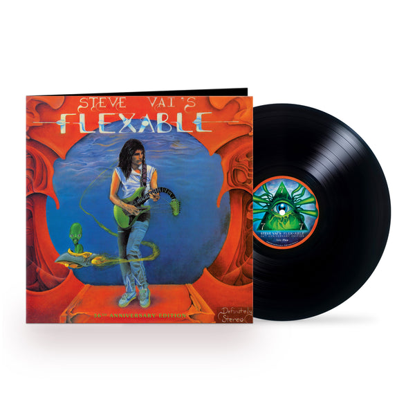 image of a vinyl sleeve and black vinyl against white background.  the artwork is red with a blue circle in the center. standing by the blue circle is steve vai playing a green guitar. the neck of the guitar droops down. swirling around steve is an alien in a small ship. above this in blue and white text reads "steve vai's flexable". 