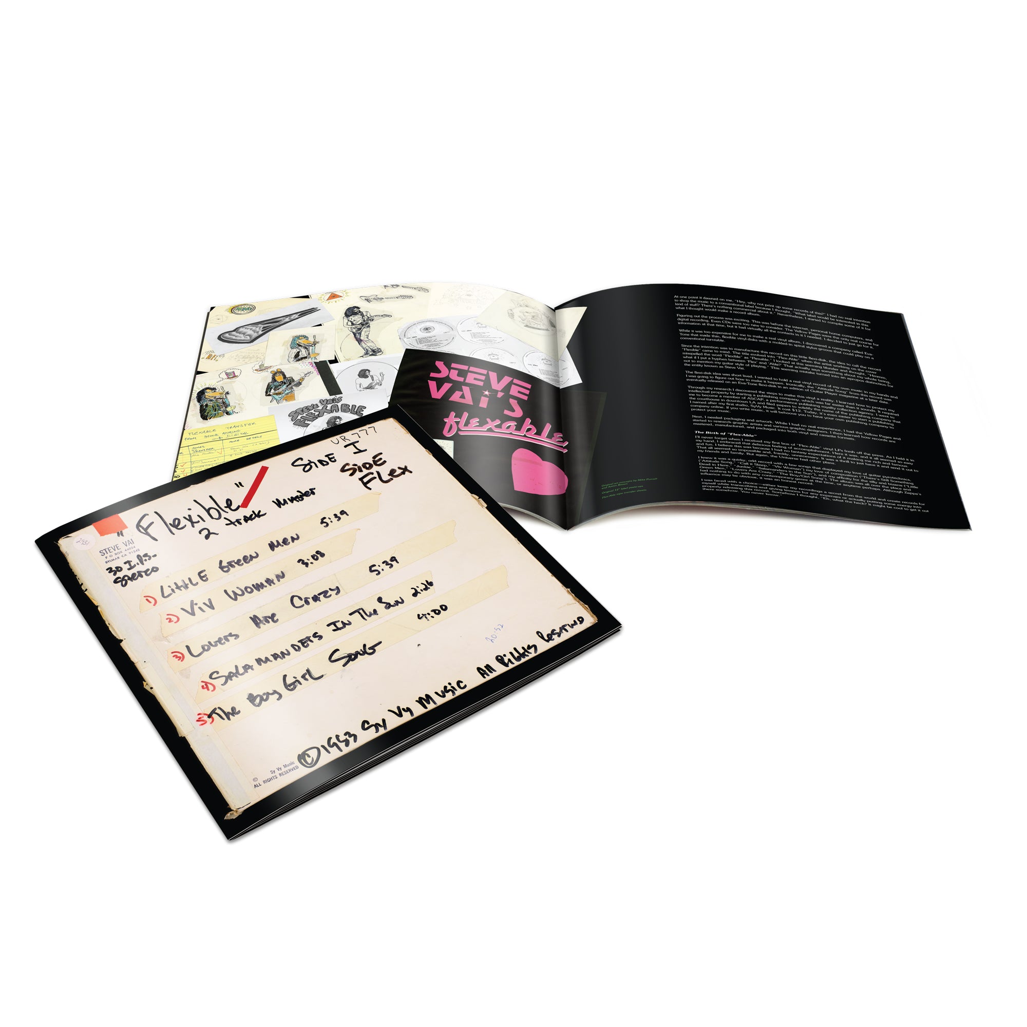 Image of the booklet insert included in steve vai's flexible album. There are hand written lyrics and text lyrics in the booklets.