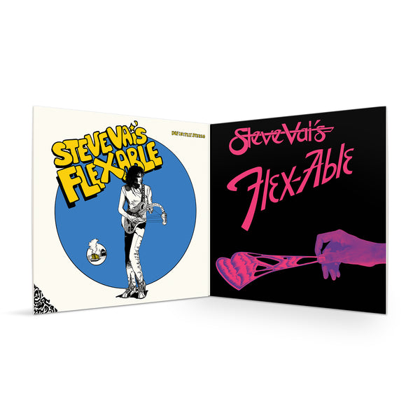image of the insert inside the steve vai flexible vinyl lp album. the left has a drawing of the album artwork- steve stands playing a guitar with a droopy neck to the guitar. he is in black and white. he is surrounded by a blue circle and bubble letters in yellow that say steve vai's flexible.  the right side of the insert is black and has orangy pink text that says steve vai's flex-able. 