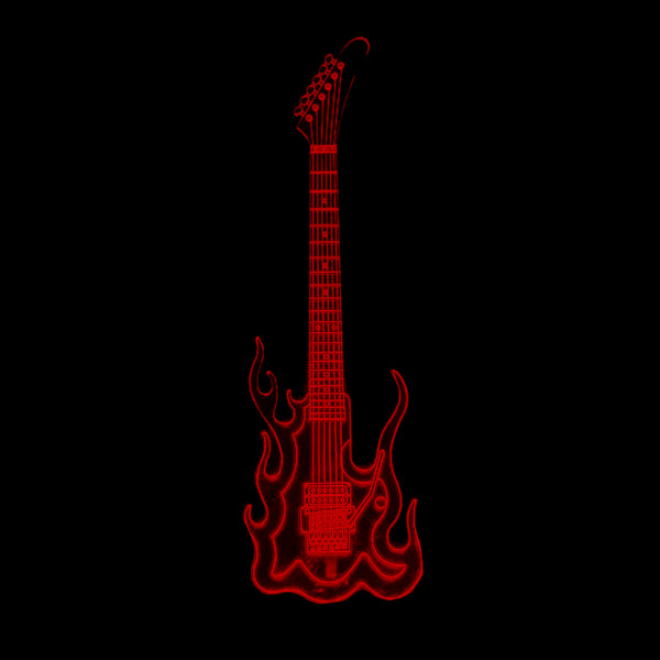 Image of a red light up electric guitar against white background. the bottom of the guitar is in the shape of flames.
