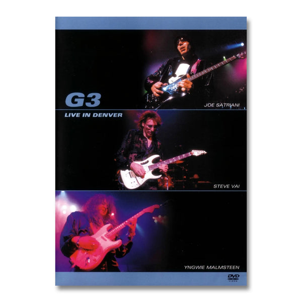 Image of the dvd cover for G3 live in denver against white background. There are 3 photos on the dvd cover with the names of the guitarists in the photos written in white text, the top photo is joe satriani, the middle is steve vai, and the bottom photo is yngwie malmsteen. the left says "G3, live in denver" in a light blue text.