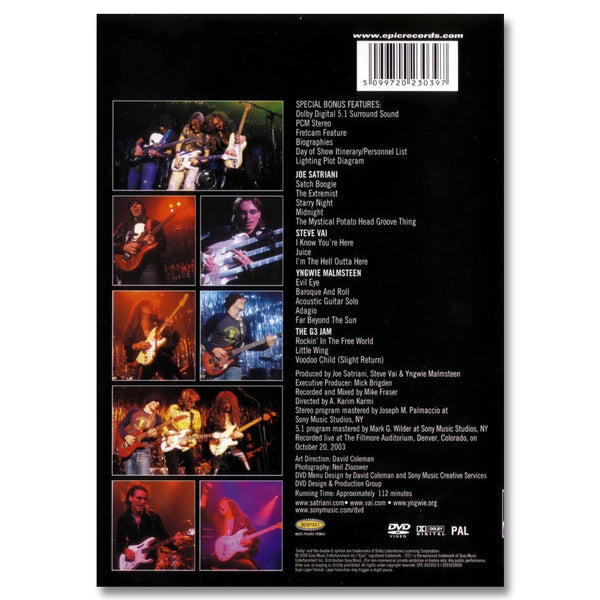 Image of the back of the g3 live in denver dvd cover. the left side features 8 live photos of the group on stage playing shows. the right side features the information on the dvd, such as the different sections and what is included. this is in white text on a black background.