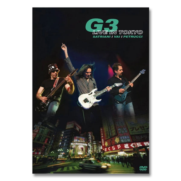 DVD cover of g3 live in tokyo against white background. the cover features 3 guitar players playing their guitars. below this is an image of the streets of tokyo. The top right in green and white text reads G3- Live in Tokyo, satriani, vai, petrucci.