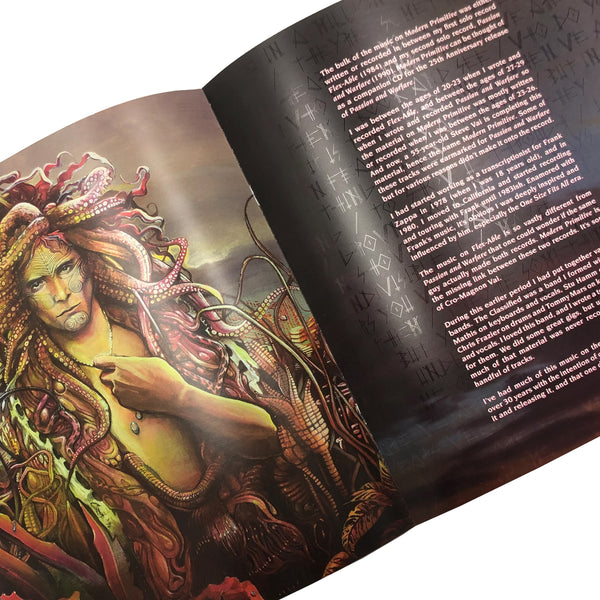 image of the inside of the steve vai passion and warfare signed tour program. The left page is the artwork for the album, a graphic of a person looking straight ahead, with tentacles growing out of their hair and surrounding their body. this is in yellow, green, red, and grey. the other page is black and has white text that tells about the tour.