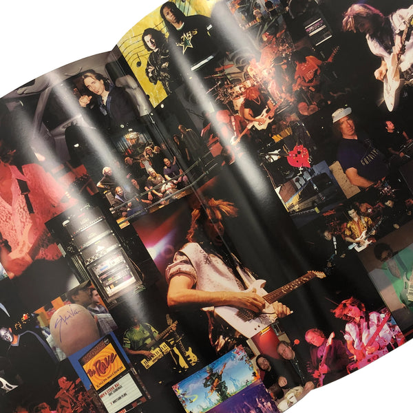 inside pages of the steve vai signed tour program. this page is a collage of photos from steve vai's tour- photos of him on stage playing, photos of him playing with other musicians, photos backstage, and photos of the venues.