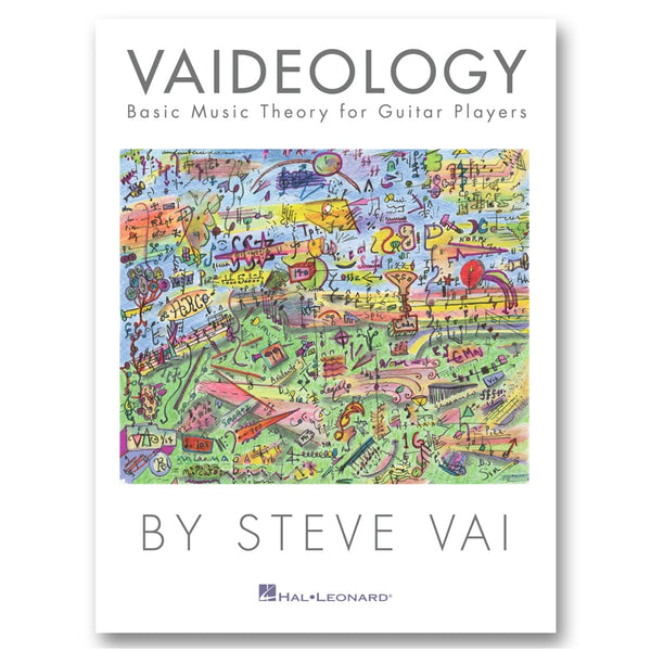 image of a white book against white background. across the top of the music book in grey text reads "vaideology- basic music theory for guitar players". The bottom of the book in grey text says "by steve vai". the middle of the book has a colorful drawing with music notes and other abstract shapes and symbols. 