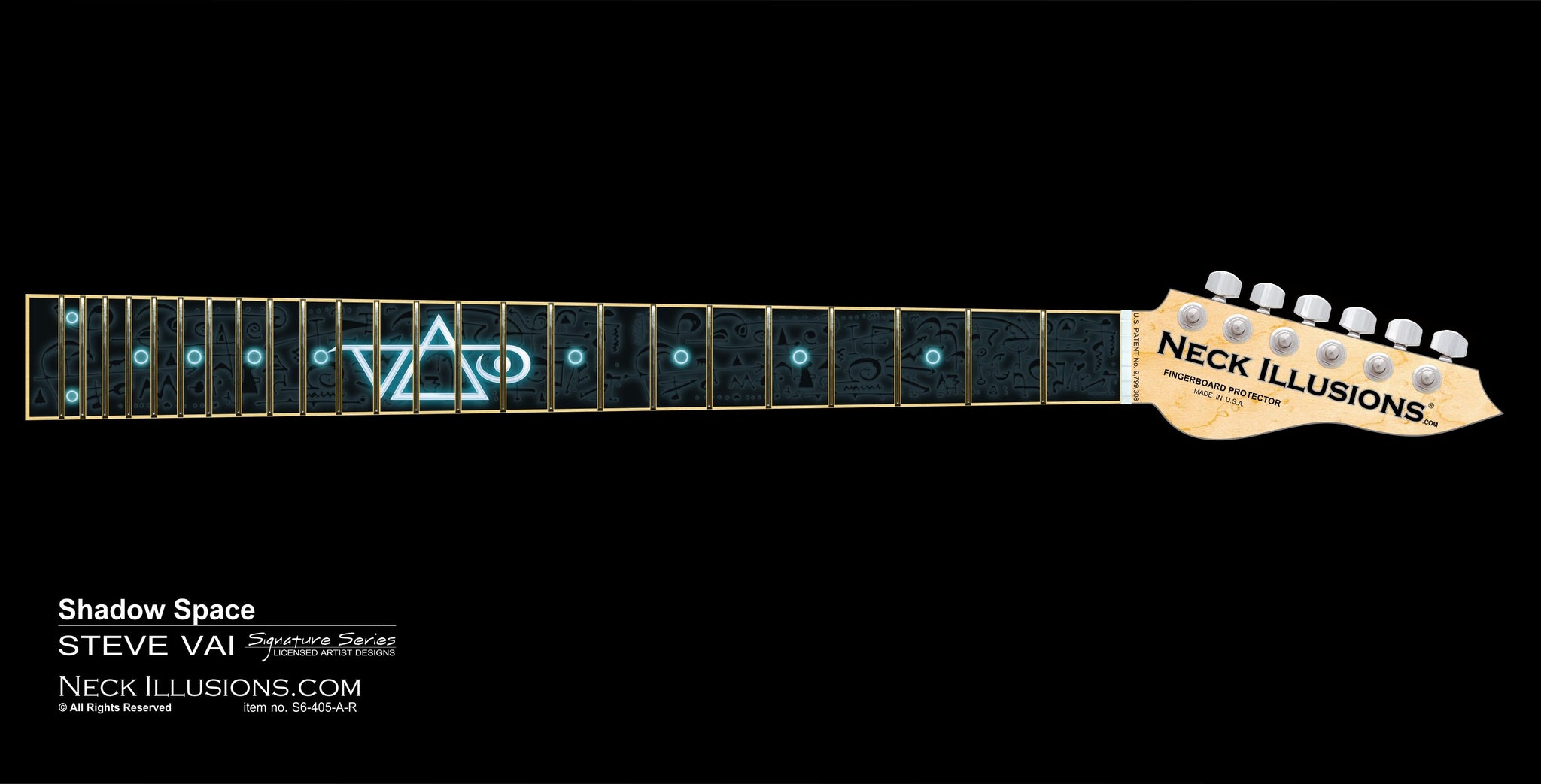 up close image of a guitar neck with a fret protector that is black with dark colored symbols throughout. descending from the center of the fret protector is a glowing light blue and white steve vai logo. The steve vai logo makes the word "vai" with an upside down triangle, a right side up one, and a line going across the triangles with a curl at the end next to the triangle that is upright.