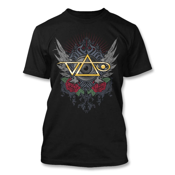Black T-Shirt on a white background. A gold Vai logo laying on top of an eye that has wings and two roses on either side. The winged eye is laying on an antique-looking frame. There are red lines beaming from the top of the frame.