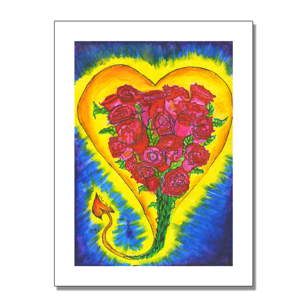 multi colored art piece against white background. The art piece features a heart made of red roses. inside this heart is the writing "steve loves pia". around the heart of roses is an orange and yellow heart. surrounding the heart is a yellow, blue, green and purple tye dye effect taking up the rest of the frame.