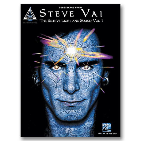 Black guitar tab book against white background. across the top in white text reads "selections from steve vai, the ellusive light and sound, vol. 1". below this is an image of steve vai's face, in the color blue, with abstract symbols and designs all over his face. his eyes have yellow sparkles in them, and the center of his forehead shines yellow and purple light. 