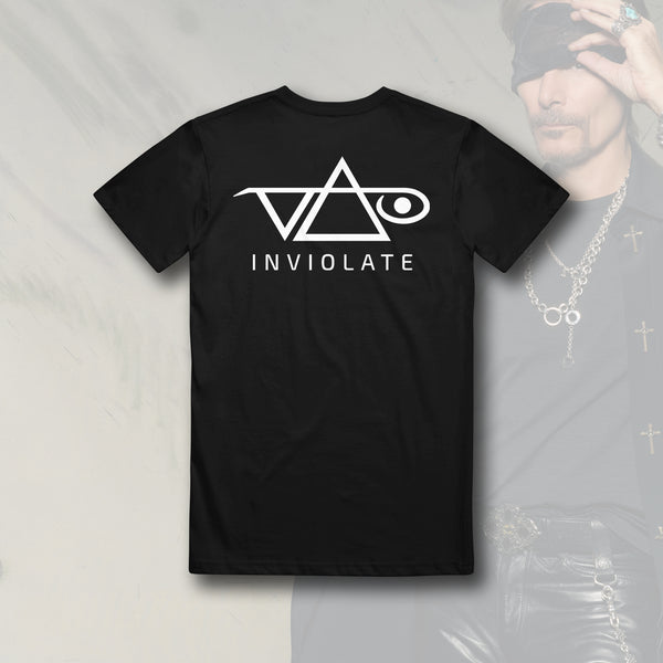 back of a black tshirt against a transparent white background. the back features the steve vai logo in white with the word "inviolate" below it. The steve vai logo makes the word "vai" with an upside down triangle, a right side up one, and a line going across the triangles with a curl at the end next to the triangle that is upright. 