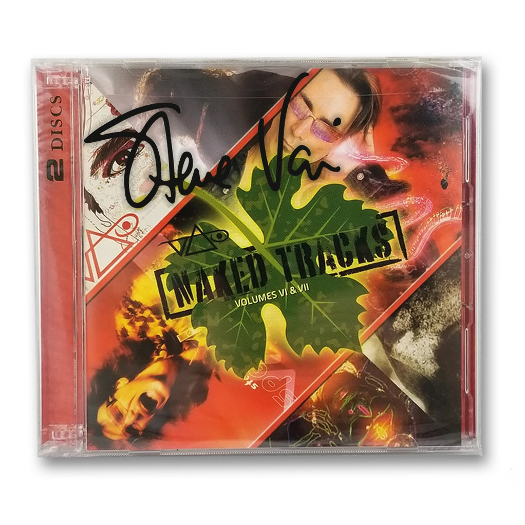 A Steve Vai Signed CD case for Naked Tracks Vol. 6 & 7, featuring green leaf art, red and black abstract graphics, and the artist’s autograph on the cover.