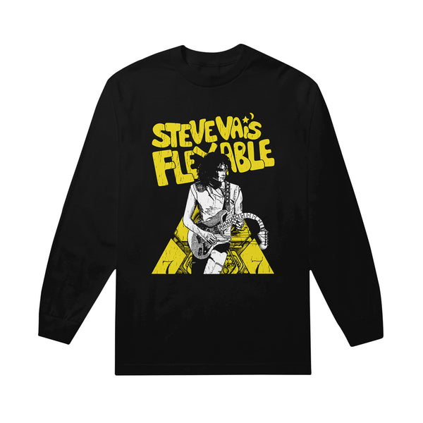 Black longsleeve against white background. the graphic on the longsleeve is a drawing and in yellow bubble letters reads "steve vai's flexable". below this is a black and white image of steve vai playing a guitar with a droopy guitar neck.
