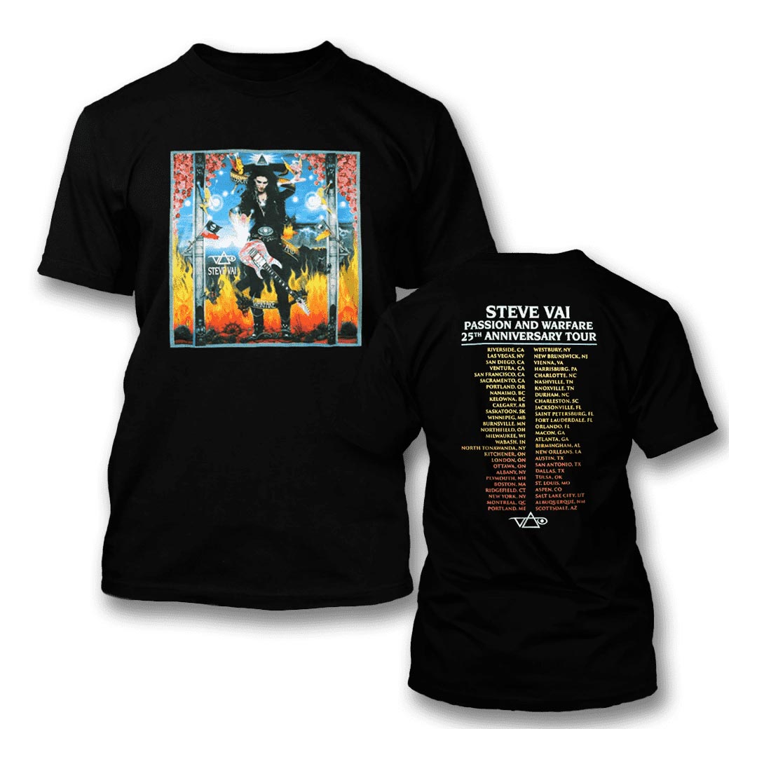 front and back of black tshirt against white background. the front has the steve vai passion and warefare album artwork. steve vai is pictured from head to toe in all black, looking down at a colorful marbled electric guitar. surrounding steve are graphics of fire, fairies, flowers, ship wheels, and pirate flags, in various colors. the back of the shirt in white, yellow and red text has the tour dates from the passion and warfare 25th anniversary tour.