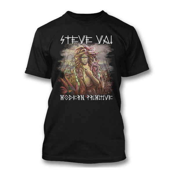 Black tshirt against white background. across the top in white text reads "steve vai".  below this is the album artwork for modern primitive- it is a medusa like graphic of a person looking at the camera. the background behind them is a greyish brown. below this in white text reads "modern primitive".