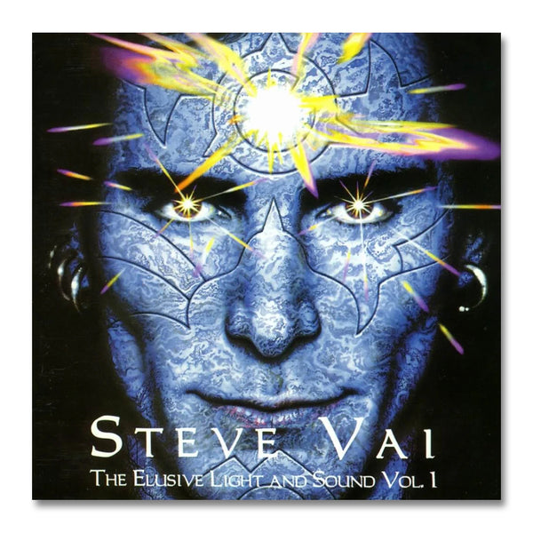 album artwork against white background. image of steve vai's face, in the color blue, with abstract symbols and designs all over his face. his eyes have yellow sparkles in them, and the center of his forehead shines yellow and purple light. below the image of steve in white text reads "steve vai, the ellusive light and sound, vol. 1".