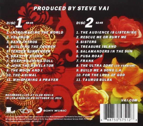 back of the album artwork for steve vai- stillness in motion. there are red, orange, and yellow flowers on the back and white text that shows all of the different tracks included on the album.