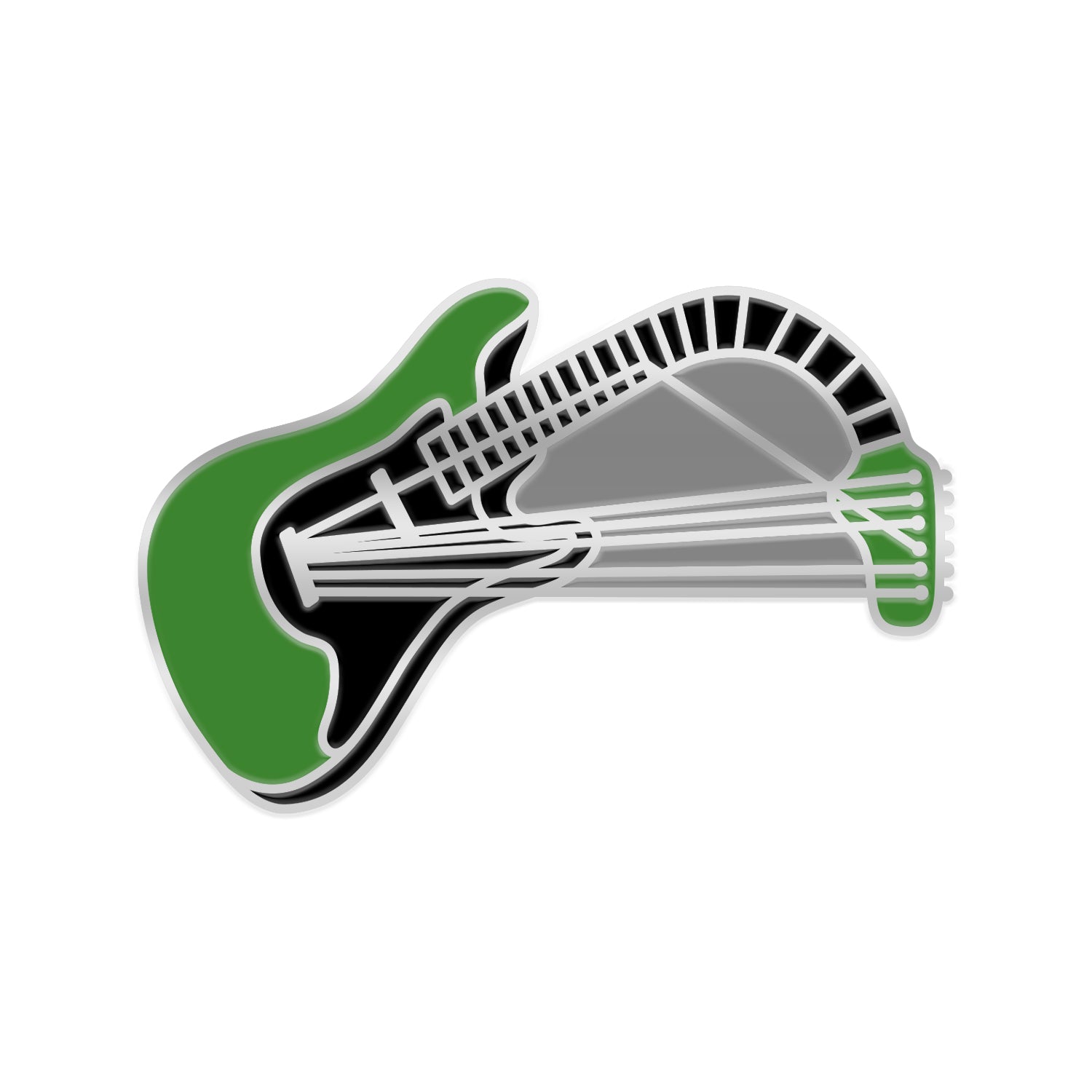Enamel pin against white background. green electric guitar with a black neck and white strings. The neck of the guitar is bent.