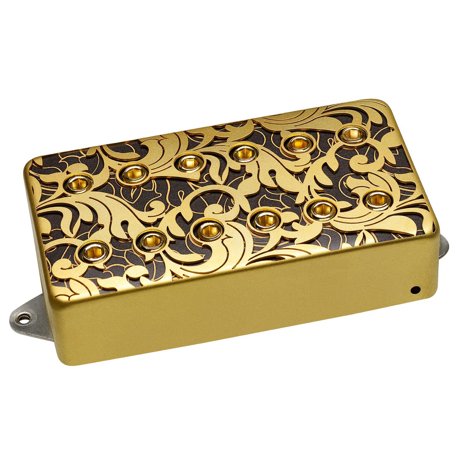 image of a gold and black guitar pickup against white background. the top of the pickup has a black and gold leafy pattern design on it, and the rest of the pickup is gold.