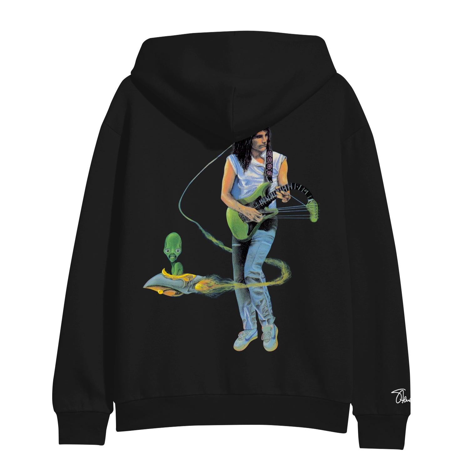 back of black sweatshirt against white background. The back features a graphic of steve vai playing a green guitar. the neck of the guitar droops down. swirling around steve is an alien in a small ship. the right sleeve at the bottom in white text is steve vai's signature, printed on the hoodie.