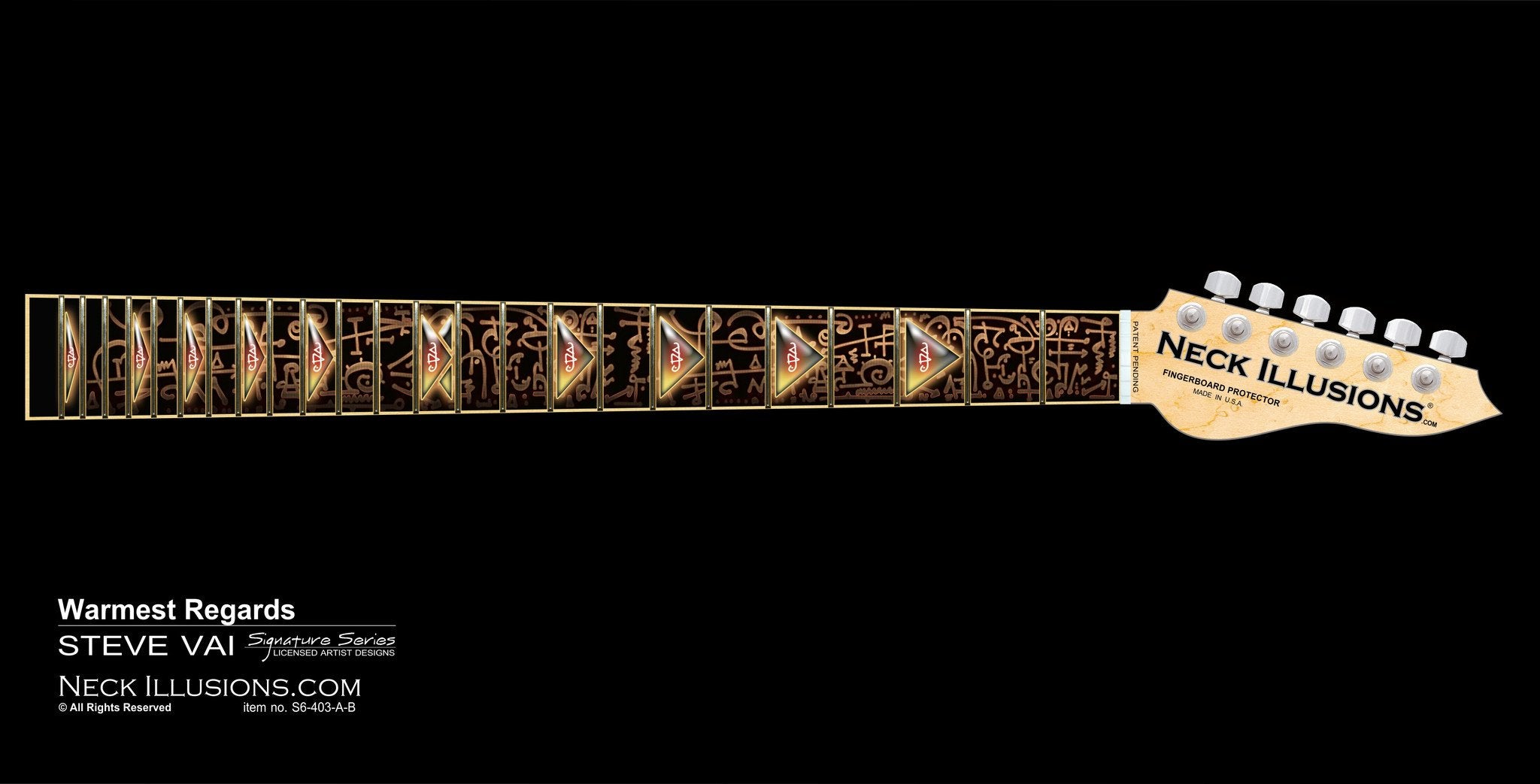 close up image of a guitar neck against a black background. there is a fret protector on the guitar. It is black with light brown symbols all over it. Every other fret has a brown, black and greenish triangle on it with a white steve vai logo in the center of it. The steve vai logo makes the word "vai" with an upside down triangle, a right side up one, and a line going across the triangles with a curl at the end next to the triangle that is upright. 