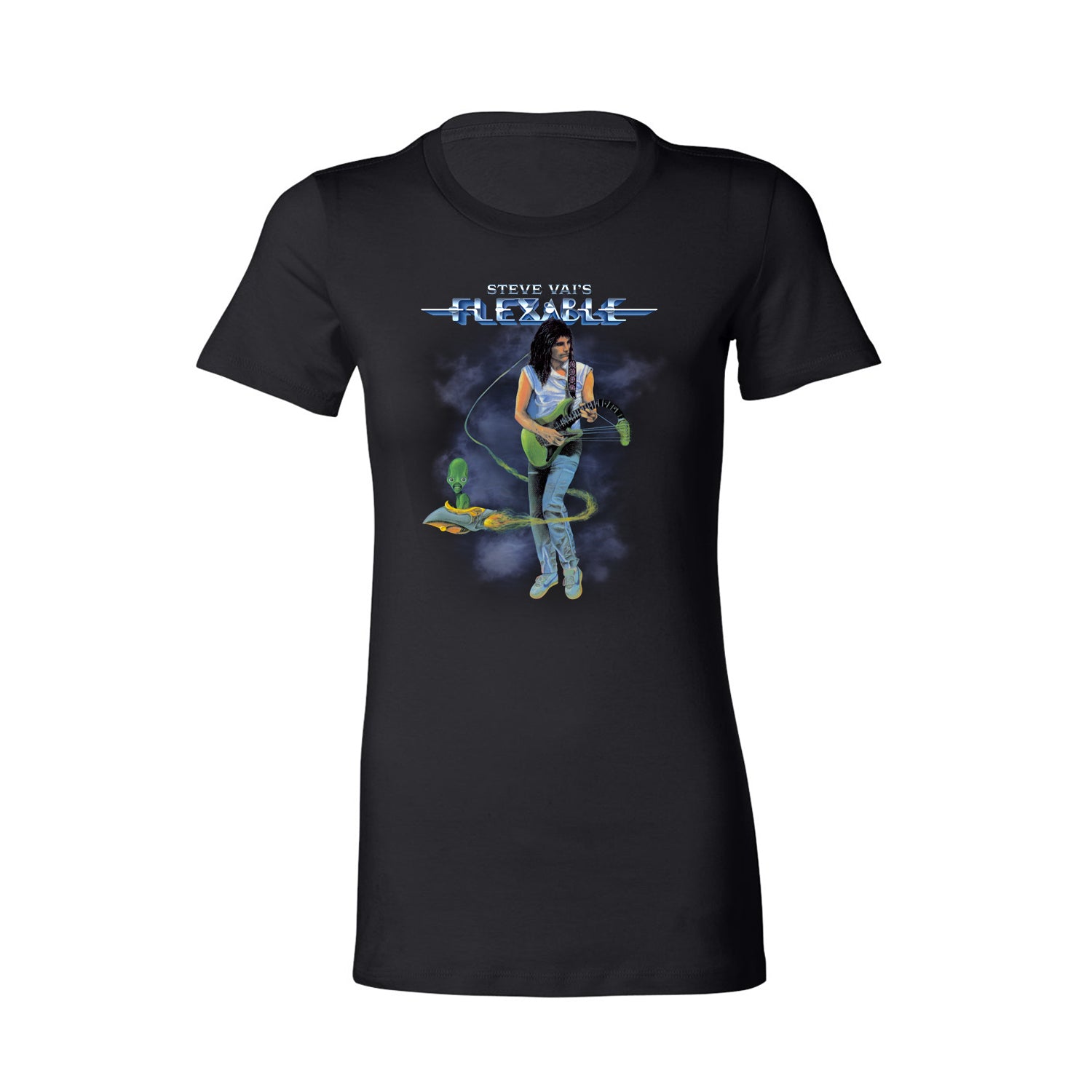 Image of a black women's tshirt against white background. there is a graphic of steve vai playing a green guitar. the neck of the guitar droops down. swirling around steve is an alien in a small ship. above this in blue and white text reads "steve vai's flexable".