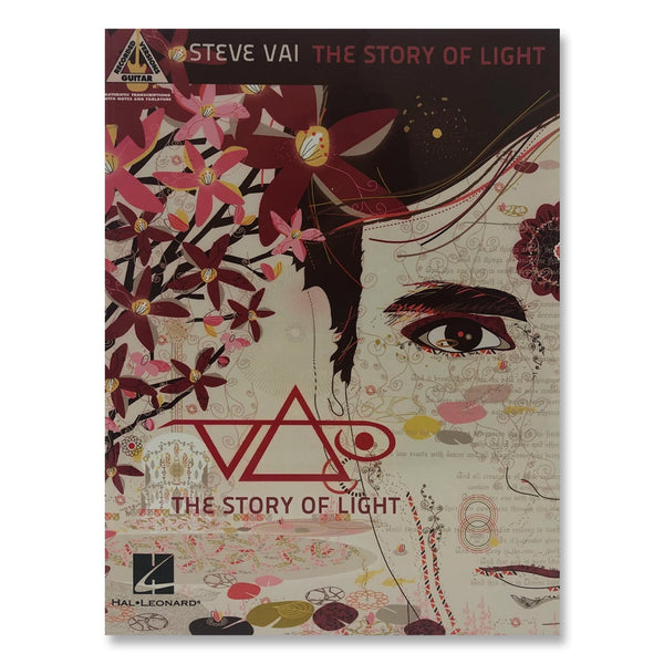 album artwork against white background. the artwork is a drawing- the left side has red and pink flowers with yellow centers. the right side is a drawing of half of steve vai's face, looking at the camera. the center features the steve vai logo in red, below that reads "the story of light". The steve vai logo makes the word "vai" with an upside down triangle, a right side up one, and a line going across the triangles with a curl at the end next to the triangle that is upright.