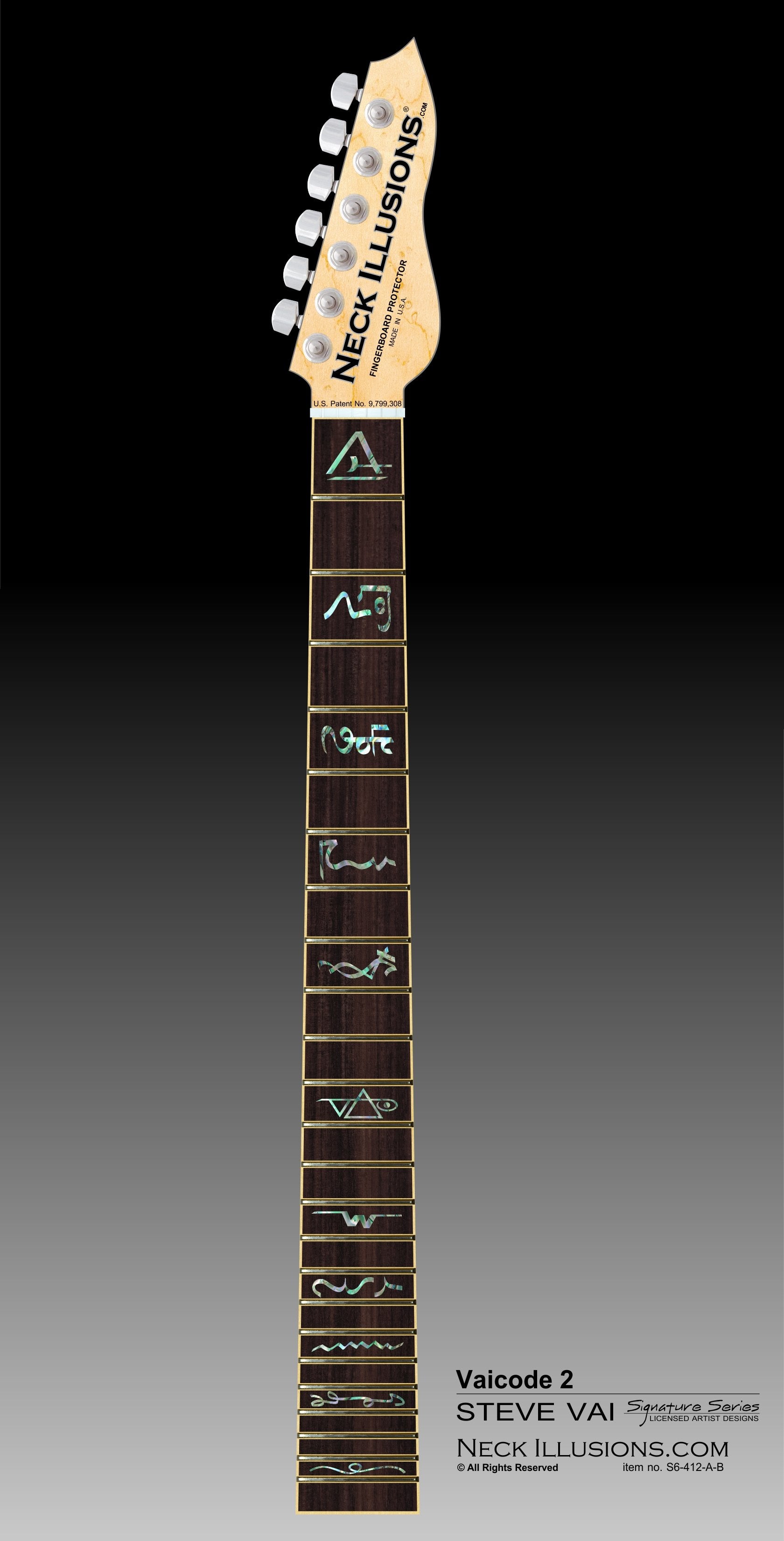  close up image of a guitar neck against a black to grey gradient background. there is a fret protector on the guitar. It is a dark wood color with blue and grey multi-color symbols on nearly every other fret. One fret has the steve vai logo on it. The steve vai logo makes the word "vai" with an upside down triangle, a right side up one, and a line going across the triangles with a curl at the end next to the triangle that is upright. 