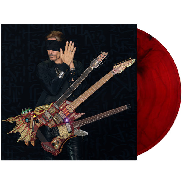 image of a vinyl sleeve with a red with black smoke vinyl sticking halfway out of the sleeve against a white background. the vinyl sleeve features an image of steve vai wearing all black and wearing a black blindfold. his hands are pressed together by his ear. he has a guitar with three necks attached to him.