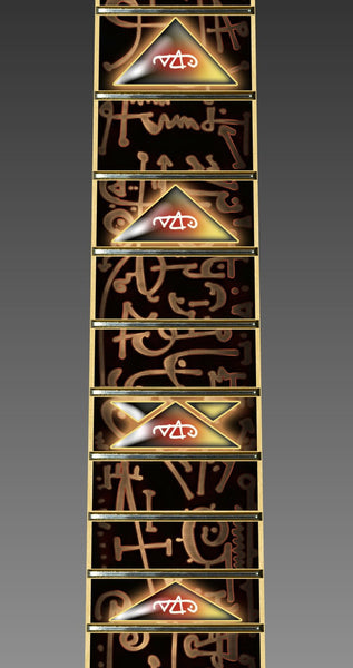 close up image of a guitar neck against a grey background. there is a fret protector on the guitar. It is black with light brown symbols all over it. Every other fret has a brown, black and greenish triangle on it with a white steve vai logo in the center of it. The steve vai logo makes the word "vai" with an upside down triangle, a right side up one, and a line going across the triangles with a curl at the end next to the triangle that is upright. 