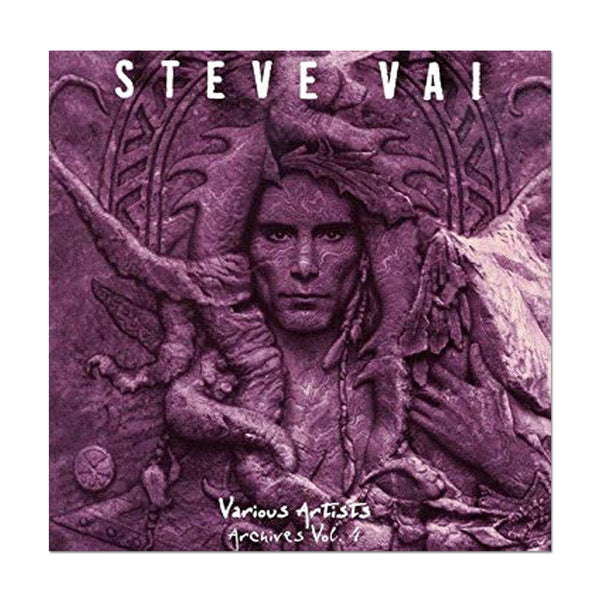 image of steve vai- various artists- archives vol 4 album artwork. the cover is pink and white. it features an image of steve vai looking at the camera, with an abstract coat or headwear wrapped around his head and neck. above his head in white text reads "steve vai". below steve reads "various artists- archives vol. 4".