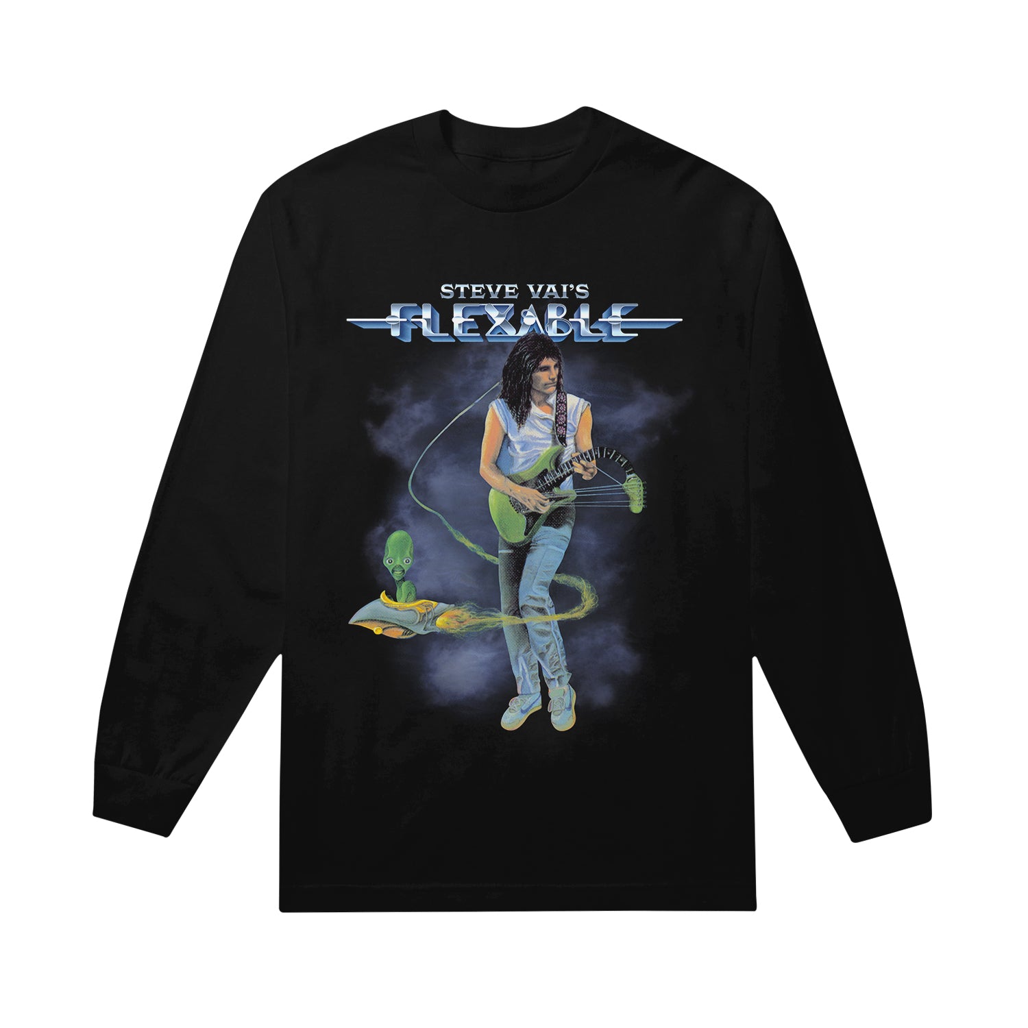 Image of a black longsleeve against white background. there is a graphic of steve vai playing a green guitar. the neck of the guitar droops down. swirling around steve is an alien in a small ship. above this in blue and white text reads "steve vai's flexable". 